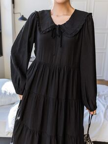 DAZY Đầm viền lá sen Thắt nút Viên lá sen màu trơn Dễ thương - màu đen - Xem 5