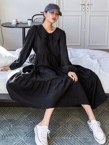 DAZY Đầm viền lá sen Thắt nút Viên lá sen màu trơn Dễ thương - màu đen - Xem 7