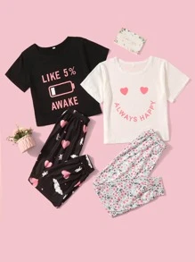 Girls 2sets Heart And Letter Graphic Pajama Top With Pajama Pants - Multicolor - View 1