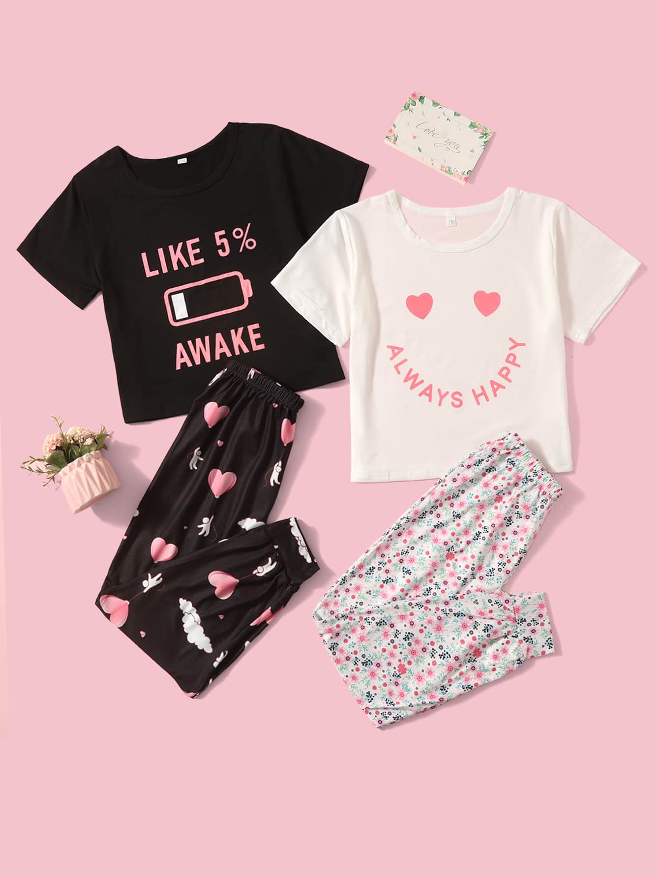 Girls 2sets Heart And Letter Graphic Pajama Top With Pajama Pants - Multicolor - View 1