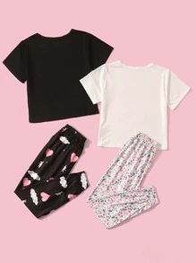 Girls 2sets Heart And Letter Graphic Pajama Top With Pajama Pants - Multicolor - View 2