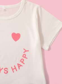 Girls 2sets Heart And Letter Graphic Pajama Top With Pajama Pants - Multicolor - View 3