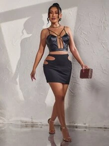 SHEIN SXY 環鏈接鏤空PU皮革吊帶上衣 - 黑色 - 查看 6