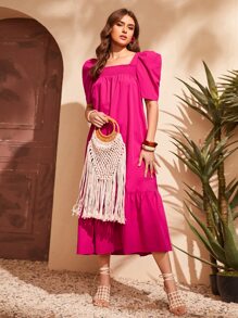 Mulvari Puff Sleeve Ruffle Hem Smock Dress - Hot Pink - View 3