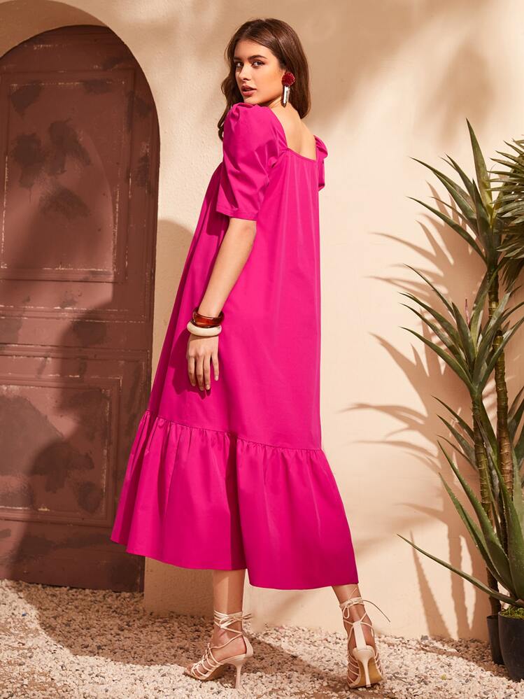 Mulvari Puff Sleeve Ruffle Hem Smock Dress - Hot Pink - View 2