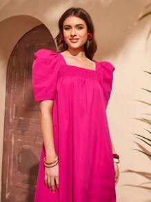 Mulvari Puff Sleeve Ruffle Hem Smock Dress - Hot Pink - View 1