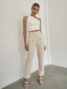 Sollinarry Quần nữ Nút Túi Dây kéo màu trơn Giải trí - Màu Khaki - Xem 4