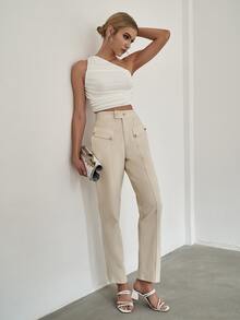 Sollinarry Quần nữ Nút Túi Dây kéo màu trơn Giải trí - Màu Khaki - Xem 3