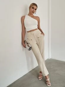 Sollinarry Quần nữ Nút Túi Dây kéo màu trơn Giải trí - Màu Khaki - Xem 6