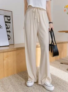DAZY 拉繩腰實色褲 - 米色 - 查看 1