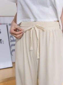 DAZY 拉繩腰實色褲 - 米色 - 查看 3