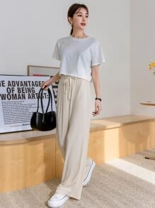 DAZY 拉繩腰實色褲 - 米色 - 查看 8