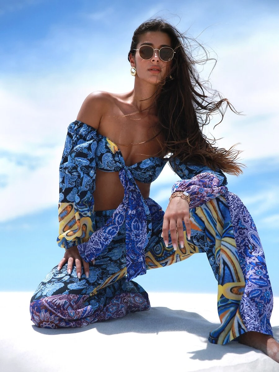 SHEIN SXY 佩斯利印花前繫帶上衣和褲子 - 彩色 - 查看 1