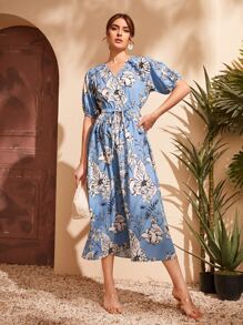 Mulvari Đầm Thắt nơ trước Hoa Boho - Xanh và trắng - Xem 3