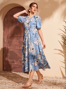 Mulvari Đầm Thắt nơ trước Hoa Boho - Xanh và trắng - Xem 1
