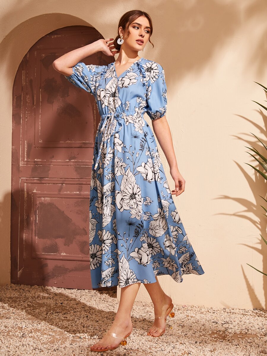 Mulvari Đầm Thắt nơ trước Hoa Boho - Xanh và trắng - Xem 1