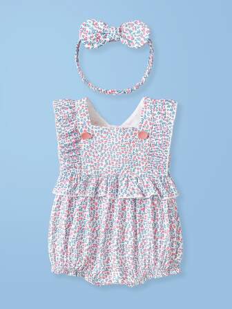 嬰兒小碎花荷葉邊連身背心附髮帶