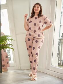Plus Heart Print Tee & Trousers With Eye Cover - Dusty Pink - View 1