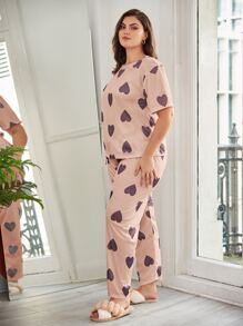 Plus Heart Print Tee & Trousers With Eye Cover - Dusty Pink - View 3