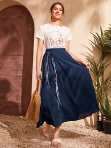 Mulvari Embroidery Detail Skirt - Navy Blue - View 1