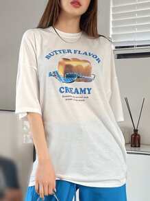 DAZY Letter & Butter Print Drop Shoulder Tee - White - View 1