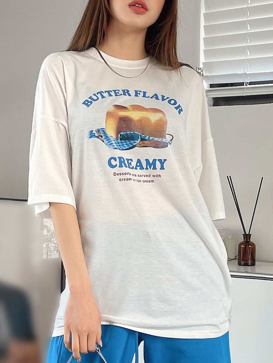 DAZY Letter & Butter Print Drop Shoulder Tee - White - View 1