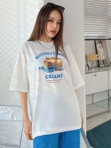 DAZY Letter & Butter Print Drop Shoulder Tee - White - View 3