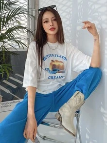 DAZY Letter & Butter Print Drop Shoulder Tee - White - View 4