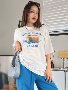 DAZY Letter & Butter Print Drop Shoulder Tee - White - View 6