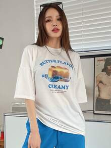 DAZY Letter & Butter Print Drop Shoulder Tee - White - View 7
