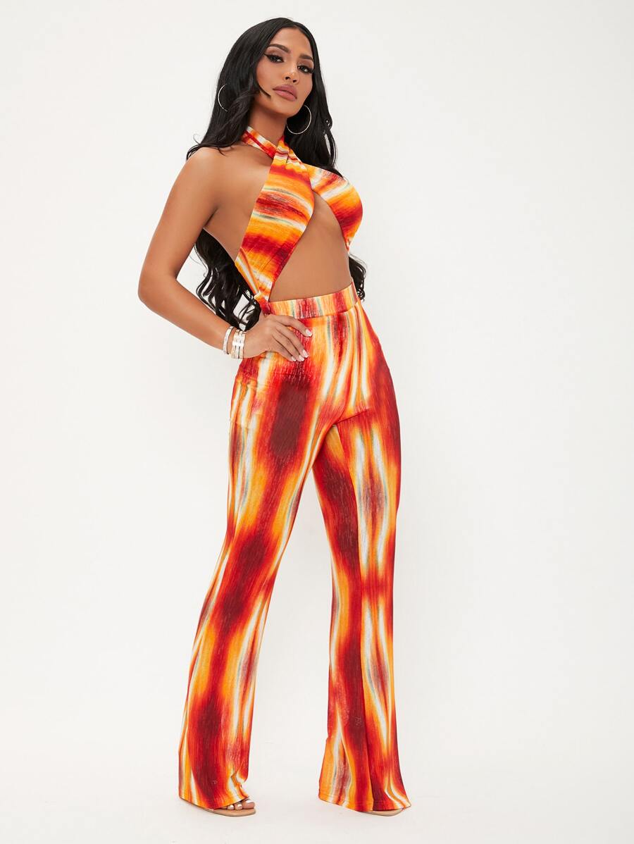 SHEIN SXY 紮染十字交叉露背繞頸連體褲 - 彩色 - 查看 1