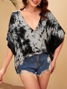 SHEIN VCAY Fake Buttons Batwing Sleeve Tie Dye Tee - Multicolor - View 2