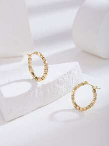 1pair Fashionable Geometric Bead Decorated Earrings For Women, Daily Wear Gift - Yellow Gold - View 2