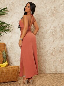 SHEIN SXY 側邊綁帶高衩掛脖連衣裙 - 亮橙色 - 查看 2