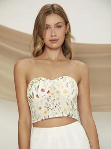 SHEIN Unity Floral Print Shirred Back Tube Crop Top