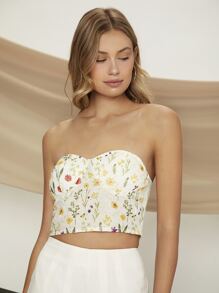 SHEIN Unity Floral Print Shirred Back Tube Crop Top