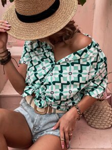 Áo sơ mi nữ Nút phía trước Hoa Hình học Giải trí - Nhiều màu - Xem 1