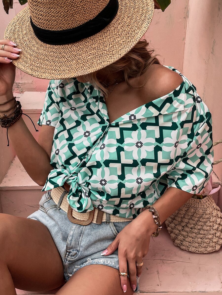 Áo sơ mi nữ Nút phía trước Hoa Hình học Giải trí - Nhiều màu - Xem 1