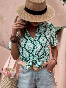 Áo sơ mi nữ Nút phía trước Hoa Hình học Giải trí - Nhiều màu - Xem 4