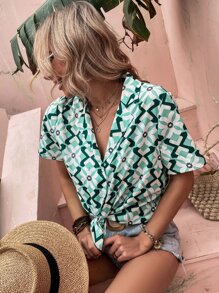 Áo sơ mi nữ Nút phía trước Hoa Hình học Giải trí - Nhiều màu - Xem 6