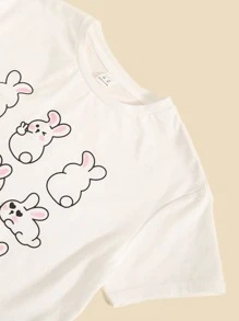 SHEIN Niñas con estampado de conejo Camiseta & de cintura con volante con cinturón Pantalones - Azul y blanco - Ver 3