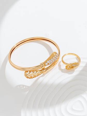 Cubic Zirconia Decor Cuff Ring & Bangle