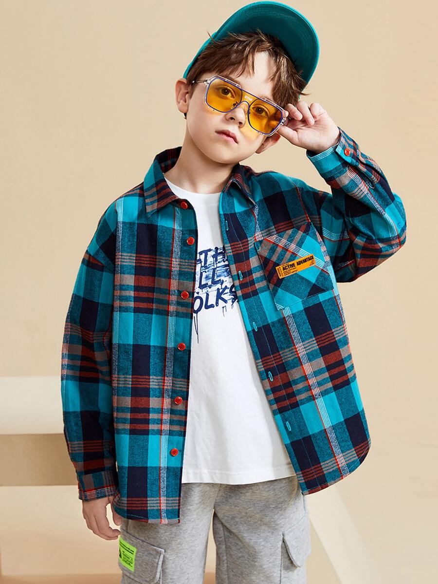 Niños Camisa con diseño de parche de cuadros - Multicolor - Ver 1