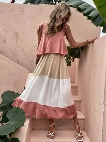 Breezaya 拼色肩上打結吊帶連衣裙 - 彩色 - 查看 4