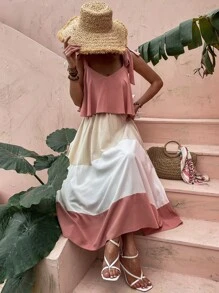 Breezaya 拼色肩上打結吊帶連衣裙 - 彩色 - 查看 5