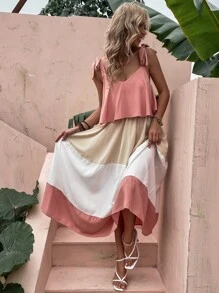 Breezaya 拼色肩上打結吊帶連衣裙 - 彩色 - 查看 6