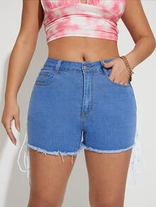 後背繫帶毛邊牛仔短褲 - 淺色水洗藍 - 查看 2