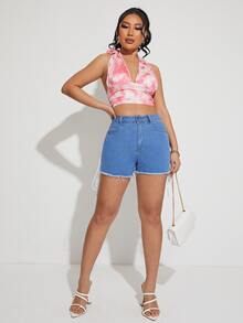 後背繫帶毛邊牛仔短褲 - 淺色水洗藍 - 查看 3