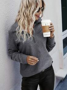 SHEIN LUNE 纯色拉链前开襟套头卫衣秋季款 - 深灰色 - 查看 1
