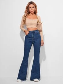 SHEIN Frenchy Raw Hem Flare Leg Vintage Jeans Casual - Medium Wash - View 3